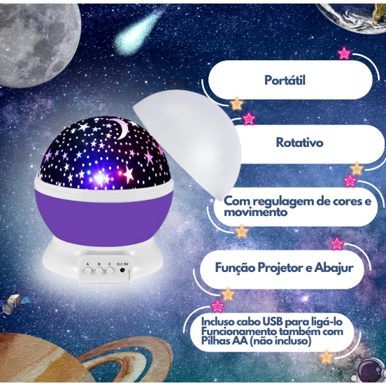 Luminária Projetor Abajur Infantil Estrelado lua Estrela 360º Galaxy Star Master Projetor De Estrela