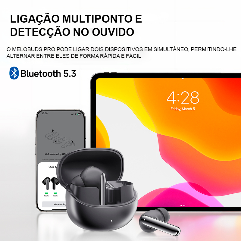 Fone de Ouvido QCY HT08 Melobuds Pro ANC Sem Fio Bluetooth 5.3, IPX5. Som 360º, Hi-Fi, Modo Transparência