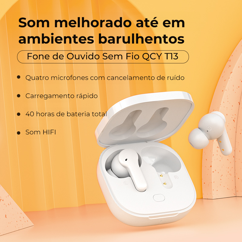 Fone de Ouvido QCY T13 ENC, Sem Fio Bluetooh 5.1, 4 Microfones Integrados