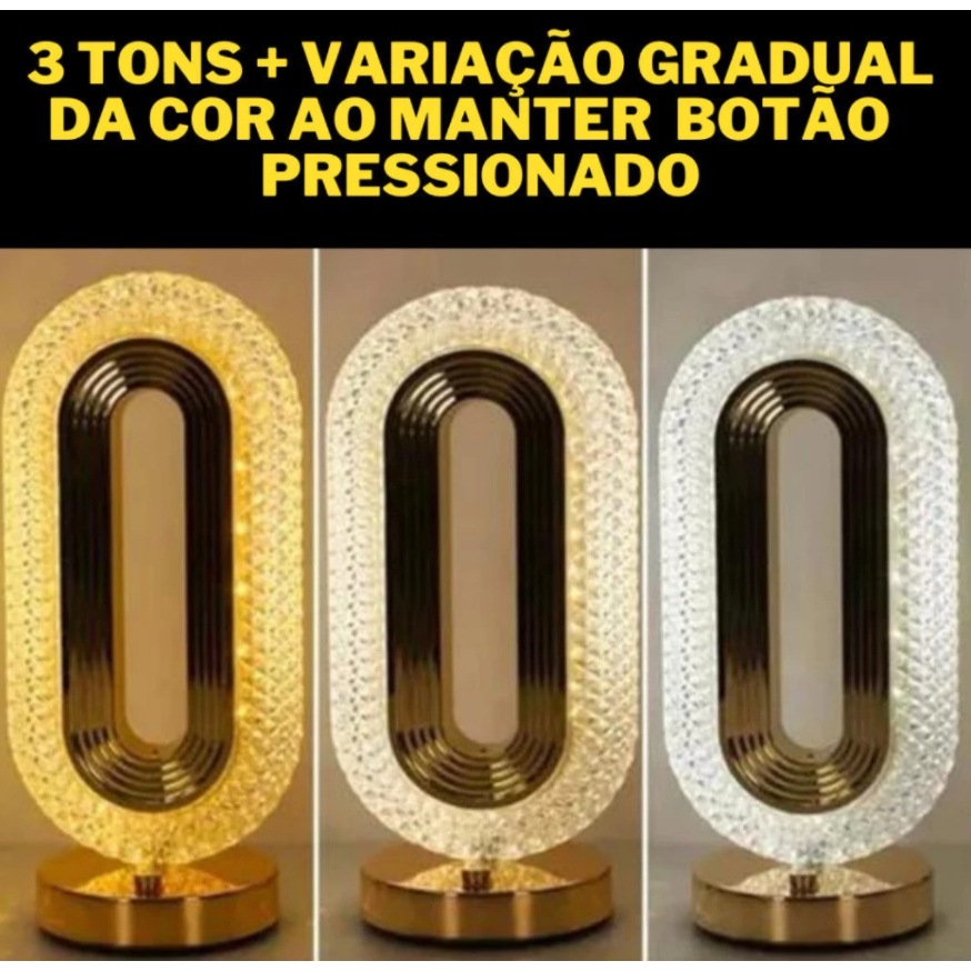 Luminária de Mesa Lâmpada Touch Quarto Luxuosa Cristal Acrílico 3 Tons de Led