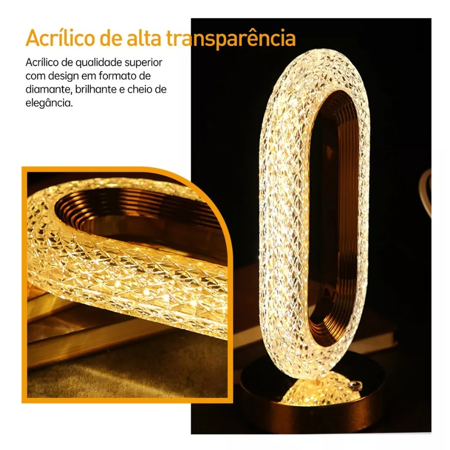 Luminária de Mesa Lâmpada Touch Quarto Luxuosa Cristal Acrílico 3 Tons de Led