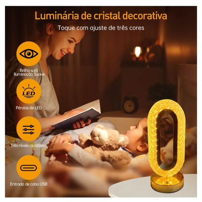 Luminária de Mesa Lâmpada Touch Quarto Luxuosa Cristal Acrílico 3 Tons de Led