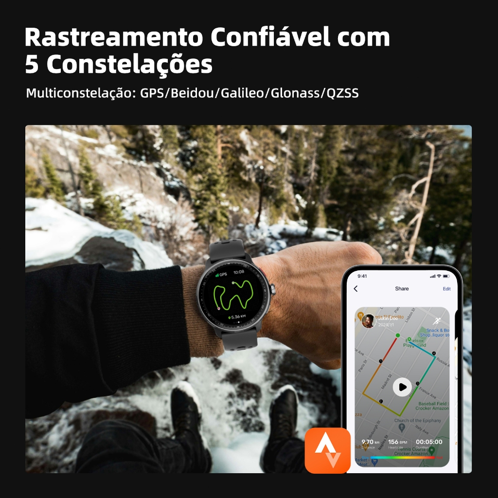 Smartwatch GPS BETTDOW com aplicativo de IA integrado, 100 modos esportivos, resistência à água de 3 ATM e tela AMOLED