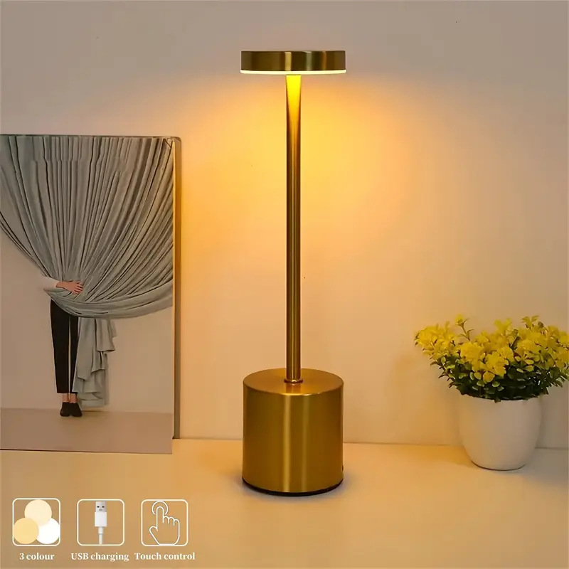 Luminária de Mesa Abajur Cabeceira Escrivaninha LED 3 em 1 Recarregável Tipo C Preto Cromado Dourado