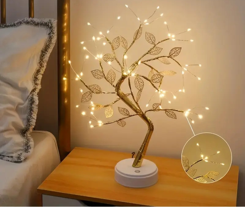 Luminaria Arvore LED Folhas Dourada para Casa Decoração do Quarto Iluminação de Mesa de Cabeceira